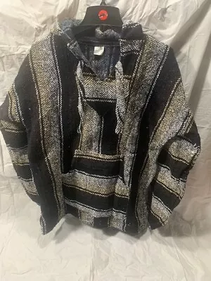 Artesanias Mexican Hoodie Poncho Mens Large Black Gold Striped Baja • $24.74