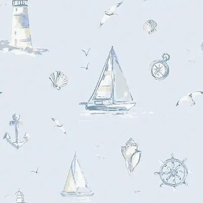 £14.99 • Buy Nautical Blue Wallpaper Grandeco White Kids Children Bedroom Boats Birds Shells