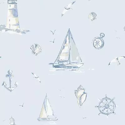 Nautical Blue Wallpaper Grandeco White Kids Children Bedroom Boats Birds Shells • £14.99