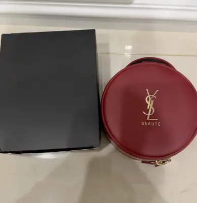 YSL Beaute Yves Saint Laurent Pouch Red Case Cosmetic Bag Round Clutch & Mirror • $55