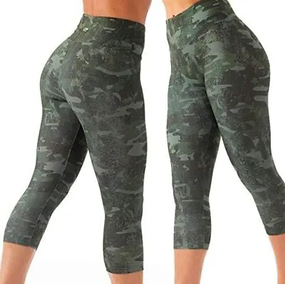 XXR Women 3/4 Green Camo High-Waist Capri Leggings Gym Fitness Yoga Pant Sports • £6.99
