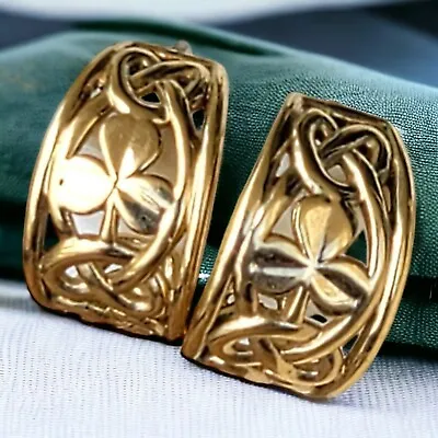 Vintage Solvar Ireland Hoop Earrings Celtic Clover Design Gold Plated 1  • $52.95