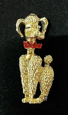 Vintage Poodle Brooch Pin Gold Tone W/ Crystal Monocle & Enamel Bow Tie 1.5 • $13.50