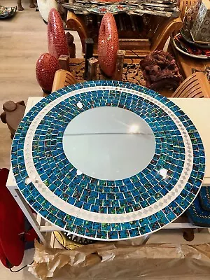 Mosaic Blue Mirror Garden Hanging Glass Inlay Round 24” D Bali Zenda Imports • $200