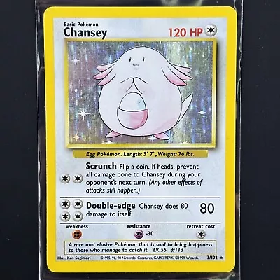 Chansey 3/102 Base Set Unlimited Holo Rare Pokemon Card Vintage Wotc 1999 Dmg • $14.99