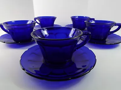 5 Sets Depression Cobalt Blue Glass Cups And Saucers VICTORY By Diamond Glass Co • $80