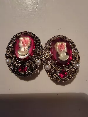 Vintage West Germany Earrings Gold Tone Cameo Clip On Pearl Red Gemstone • $209