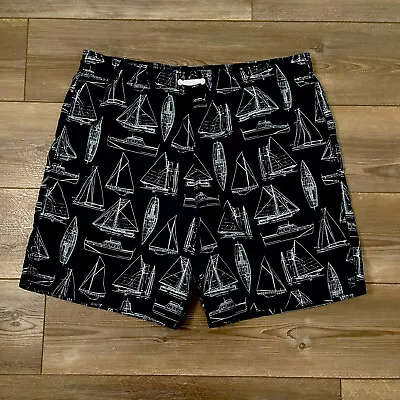 Merona Men's L Navy Blue Sailboats Print Lined Swim Trunks Board Shorts  • $6.99