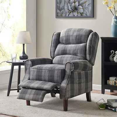 Grey Tartan Armchair Occasional Accent Chair Wing Back Studded Design Home  • £105