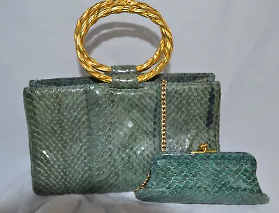 Vintage Judith Leiber Handbag Purse Lizard? Snakeskin? Green Gold Tone Coin Purs • $150
