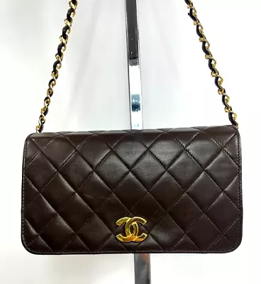 Vintage CHANEL Chocolate Brown Leather Matelasse Single Flap Shoulder Bag • $2200