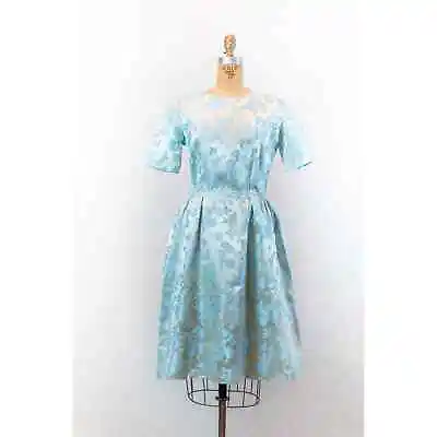 Vintage 50s 60s Blue Jacquard Satin Floral Rose Cocktail Party Midi Dress Med • $49