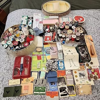 Vintage / Antique Sewing Notions Lot Needles Thread Cushions W/ Tin Buttons  Etc • $59.99