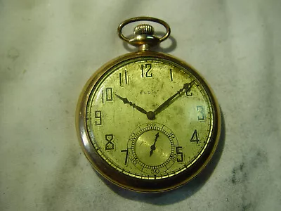 Vintage Elgin 12s POCKET WATCH 7j Nice Case And Gold Colored Deco Dial Runs • $35