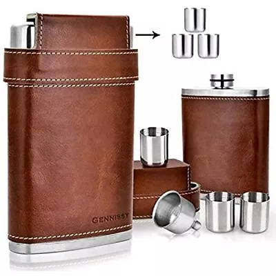 GENNISSY 304 18/8 Stainless Steel 8oz Flask - Brown Leather With 3 Cups And • $28.34