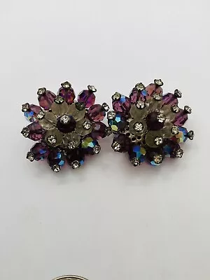Vintage Schiaparelli Aurora Borealis Spray Designer Earrings Purple Clip On • $99