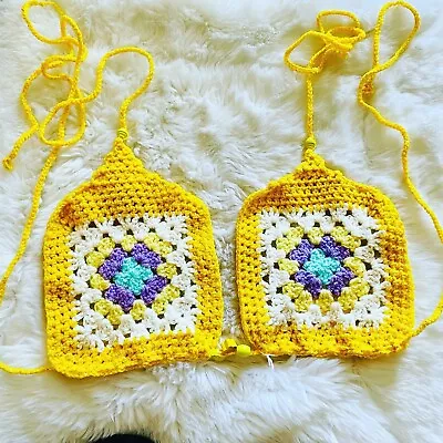 Yellow 100% Hand Crochet Beaded Halter Neck Festival Square Bikini Bralet BNWT • £13