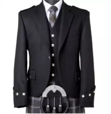 £69.99 • Buy Scottish Argyll Kilt Black Jacket With Waistcoat/Vest - Men Wedding Jacket