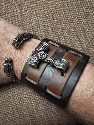 Viking Bracelet For Men Viking Mjolnir Pendant Nordic Wide Leather Wristband • $29.99