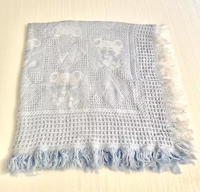 Vintage Baby Blanket Teddy Bear Blue Fringe 36  X 36  Acrylic • $16.50