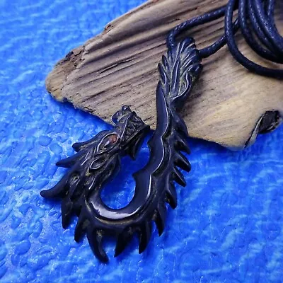 Maori Tattoo Dragon Fish Hook Pendant Necklace Beach Jewelry 2.5 Inch Tall • $15.84