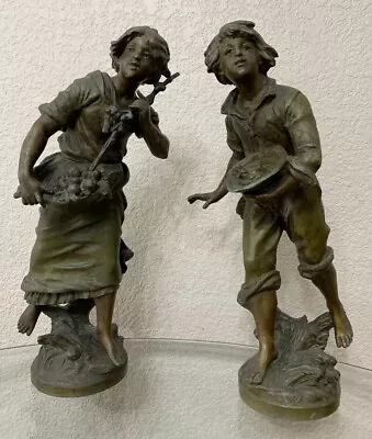 L & F Moreau Spelter Toned Statues Maraudeuse Gypsy Girl Boy With Basket Pair • $276.97