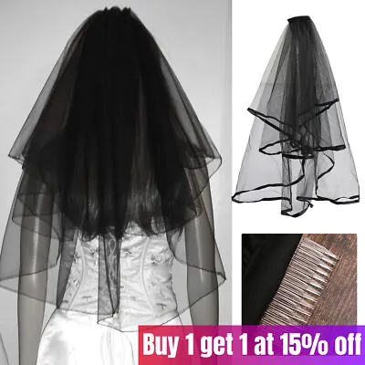 Women Costume Horror Fancy Dress Halloween Bride To Be Gothic Wedding Veil Black • £3.87