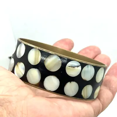 Abalone Shell Polka Dot Brass Bangle Bracelet Retro Costume Jewellery • £12