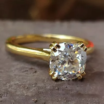 10K Gold 2.00 Ct Colorless Cushion Cut Moissanite Solitaire Engagement Ring • $287.38