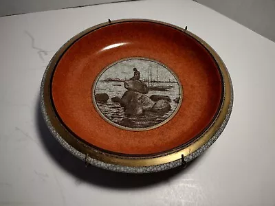 Langelinie Royal Copenhagen Orange Crackle Glaze Bowl Famous Little Mermaid Gold • $89.99