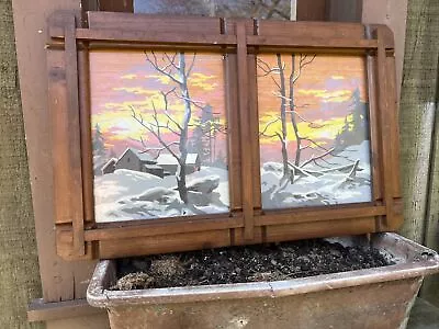 Vintage 1950's Paint-By-Number Pair Winter Scenes In Folk Art Wood Frame • $9.99