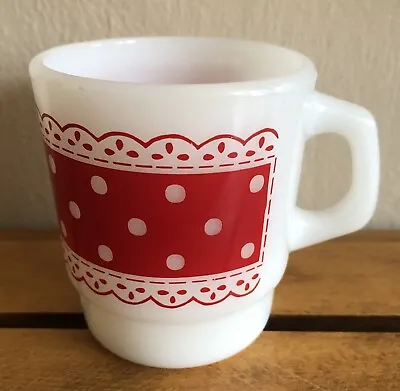 Vintage Fire King Anchor Hocking Red Polka Dots Lace Milk Glass Coffee Cup Mug • $10