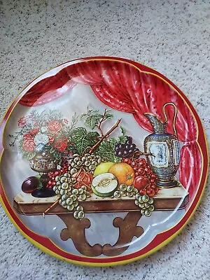 Daher Decorated Ware Round Tin Tray 16-1/4” 11101 Fruit Design Red Curtains • $22