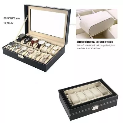 12 Slot Watch Box Leather Display Case Organizer Top Glass Storage Cheap • $17.48