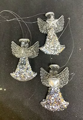 Handmade Set Of 3 Silver Glitter Glass Christmas Tree Angel Decorations • £10