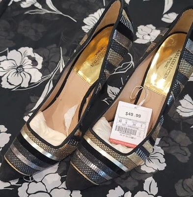 $15 • Buy NWT Zara Collection By Basic Heeled Pumps Black Suede Gold & Silver Accent Sze 9