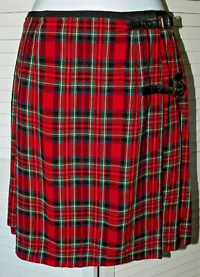 Ralph Lauren Size 8 Vintage 90s Red Plaid Leather Trim Womens Wrap Skirt Kilt • $69.99