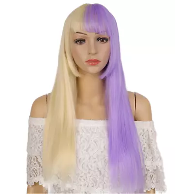 Half Purple Blonde Pink Red Synthetic Hair Wig Long Straight Fringe Lolita Bangs • £54.25