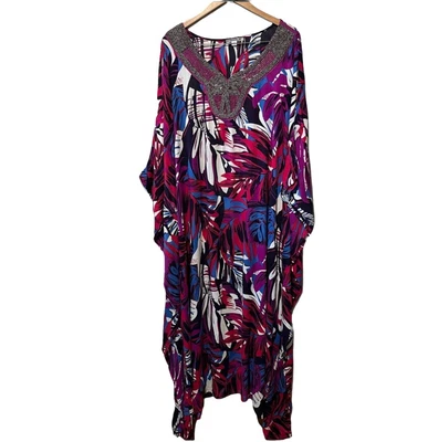 $34.99 • Buy Swimsuits For All Beaded Purple Blue Floral Swim Cover Up Caftan Robe 34/36