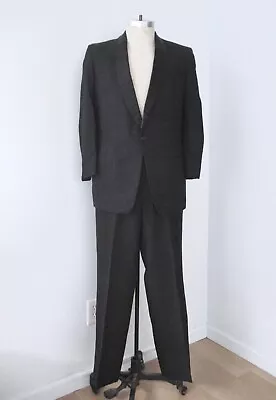 Vtg 60s Rat Pack Black 2-Pc Tuxedo Formal Suit Adjustable Pants Narrow Lapel 40S • $29.99