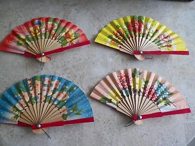 Vintage Miniature Floral Wood & Paper Folding Hand Fans Doll Display Set 4 • $19.99