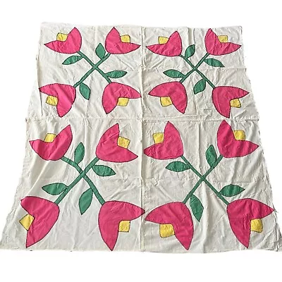 VTG Quilt Top Hand Embroidered Appliqué Tulip Flower Pink Green 60x65 Cottage • $48