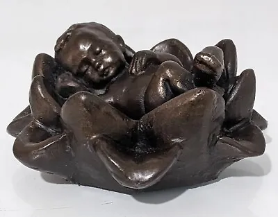 Cold Cast Bronze Baby Sculpture In Lotus Flower • £13.99