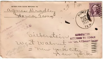 1934 Howe TX Cover To NYC Not In Directory  Return To Sender Auxiliaries • $5.99