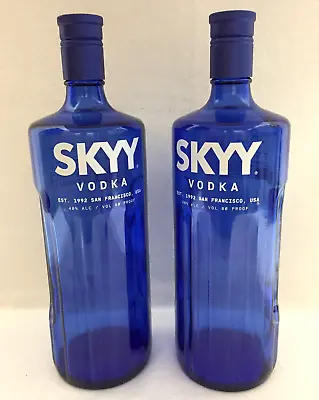 Cobalt Blue SKYY Vodka Bottle 13 1/2  Tall Ribbed Glass 1.75 L EMPTY Lot Of 2 • $15.99