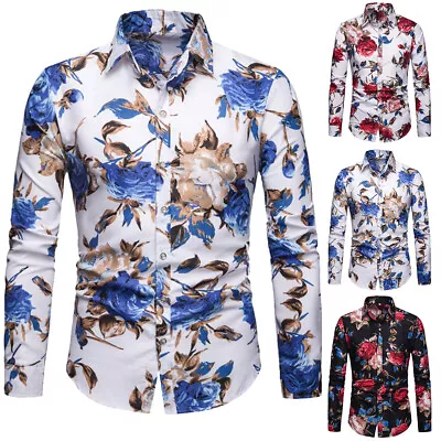 Mens Flower Printed Shirt Casual Long Sleeve Shirts Male Slim Fit Mens Tops UK • £12.99