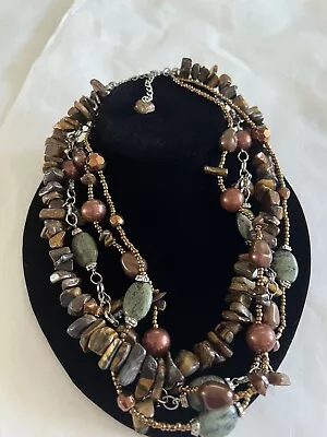 Chunky Multi Strand Tigers Eye Faux Pearl Stone Bead Necklace Earth Tones • $14.99