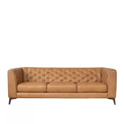 Flore Mid-Century Tight Back Tufted Back Genuine Leather Sofa In Tan • $1843.96