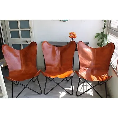 Handmade Vintage Brown Leather Butterfly Chair Set Of 3 With Folding Iron Frame • $446