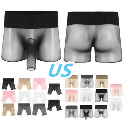 US Men's See Through Shorts High Waist Boxer Briefs With Sheath Sexy Underwear  • $9.59